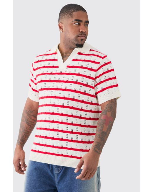 BoohooMAN Plus Short Sleeve Regular Crochet Knit Stripe Polo In Red for men