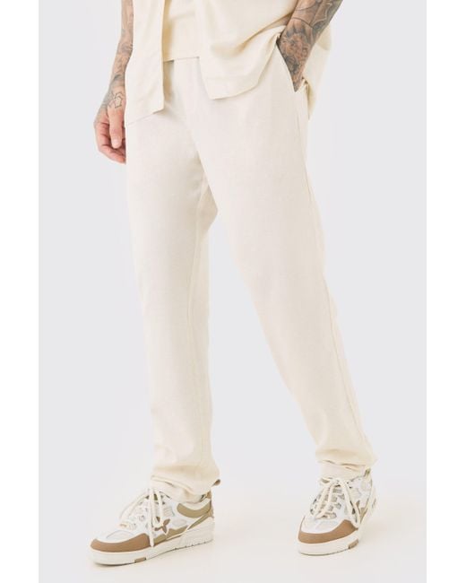 BoohooMAN Tall Elasticated Waist Tapered Linen Pants In Natural in ...