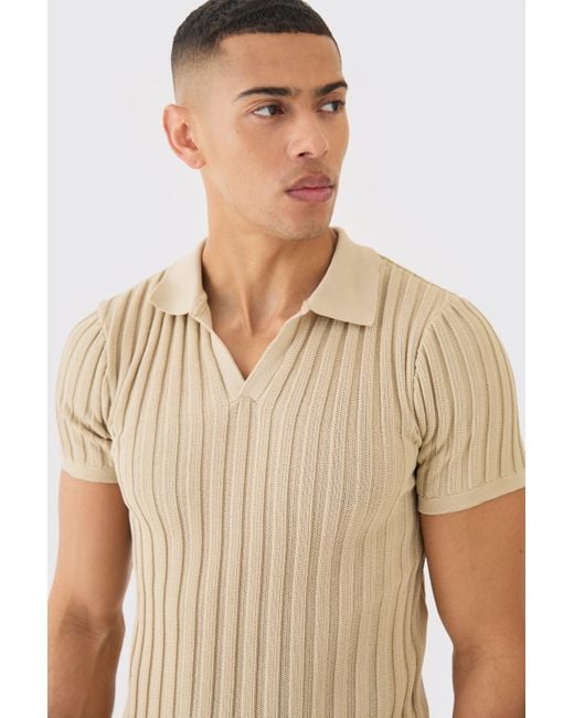 BoohooMAN Natural Muscle Fit Revere Ribbed Knit Polo for men