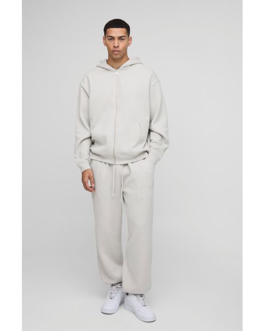 Boohoo Gray Oversized Official Varsity Embossed Zip Through Tracksuit
