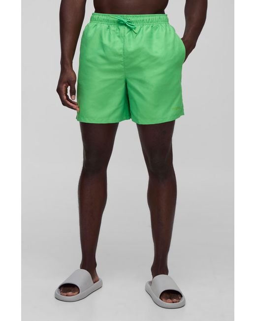 BoohooMAN Green Mid Length Branded Swim Trunks for men