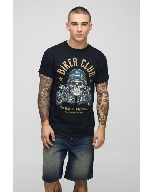 BoohooMAN Blue Regular Fit Route 66 Biker Club License Graphic T Shirt for men