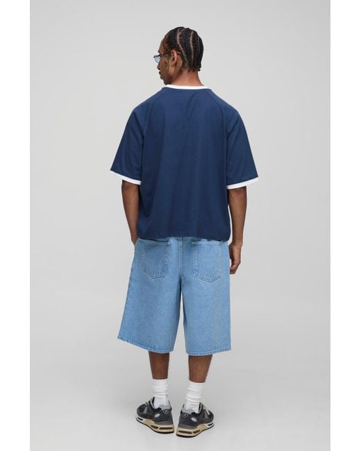 BoohooMAN Oversized Shrunken Boxy Embroidered Raglan Ringer T-Shirt in Blue für Herren
