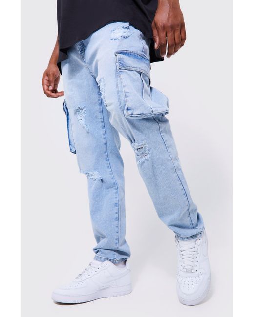 Boohoo Plus Skinny Stretch Knee Rip Cargo Jeans in Blue | Lyst