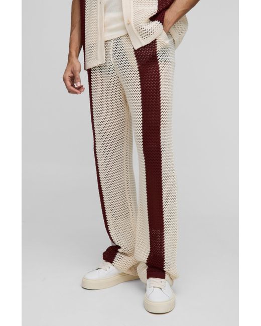 BoohooMAN Red Relaxed Fit Split Hem Open Stitch Stripe Knitted Sweatpants for men