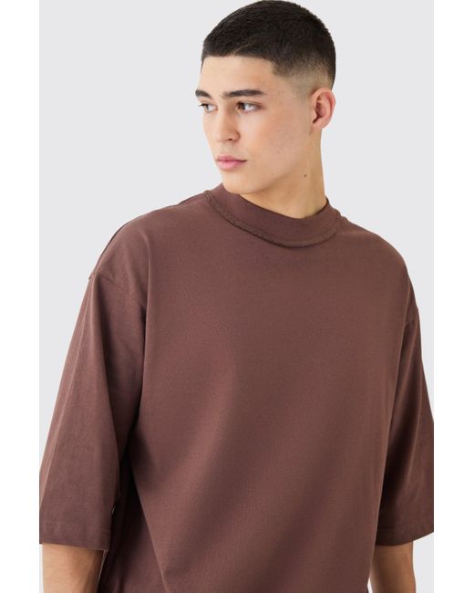 BoohooMAN Brown Oversized Heavy Layed On Neck Carded T-shirt for men