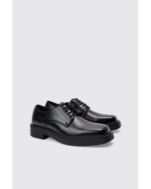 Pu Square Toe Lace Up Loafer In Black Boohoo