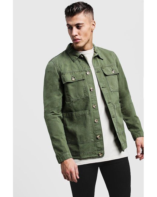 BoohooMAN Green Cotton Twill 4 Pocket Utility Shirt Jacket for men