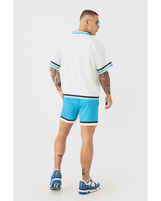 BoohooMAN Blue Boxy Satin Graphic Shirt And Short Set for men