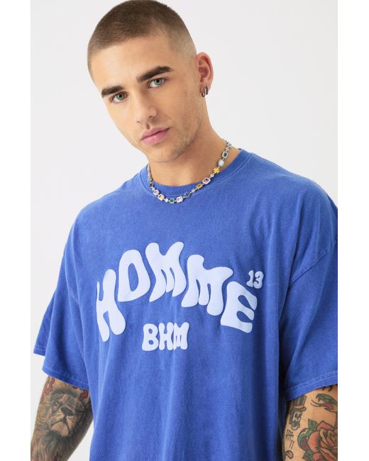 BoohooMAN Blue Oversized Washed Printed T-shirt for men