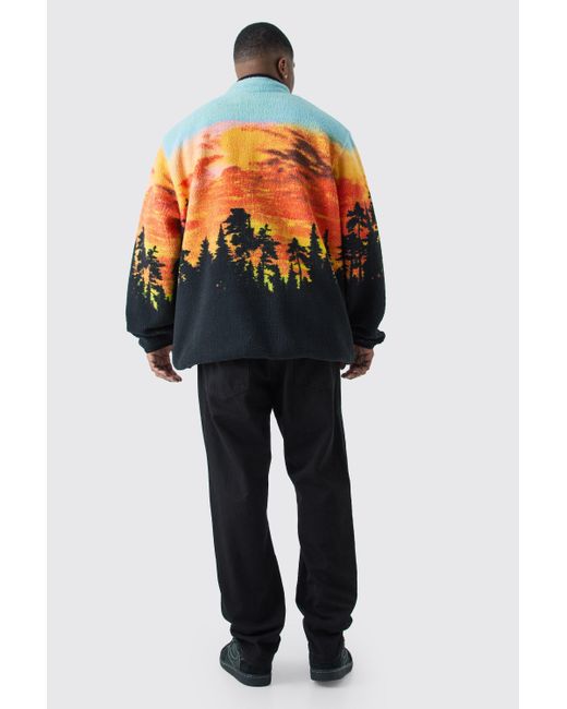 BoohooMAN Orange Plus Oversized Landscape Print Borg Funnel Neck Jacket for men
