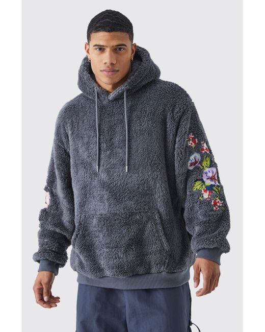 BoohooMAN Blue Oversized Borg Floral Embroidered Hooded Tracksuit for men