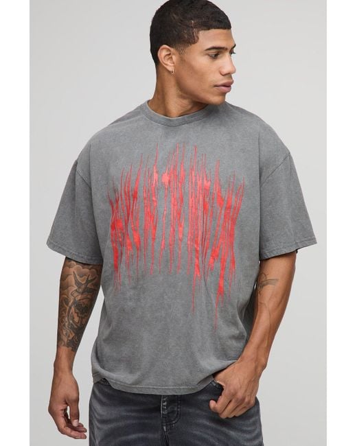 BoohooMAN Gray Charcoal Oversized Bring Me The Horizon Acid Wash License Printed T-Shirt for men