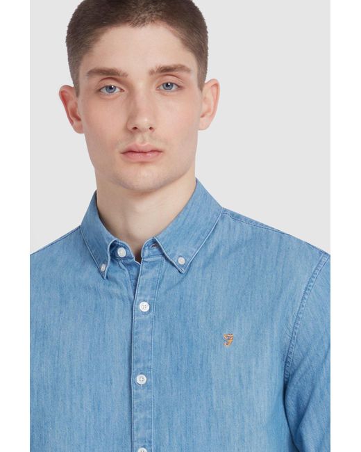 BoohooMAN Blue Brewer Denim Long Sleeve Shirt Bd Slim Stone Wash for men