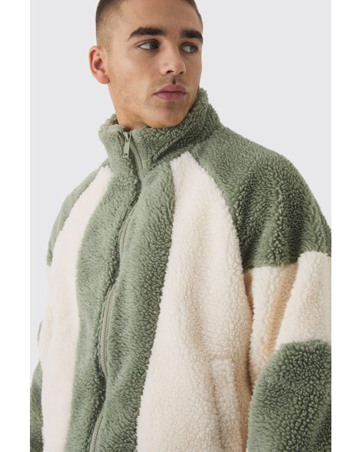BoohooMAN Colorblock Borg-Jacke in Salbeifarben in Green für Herren