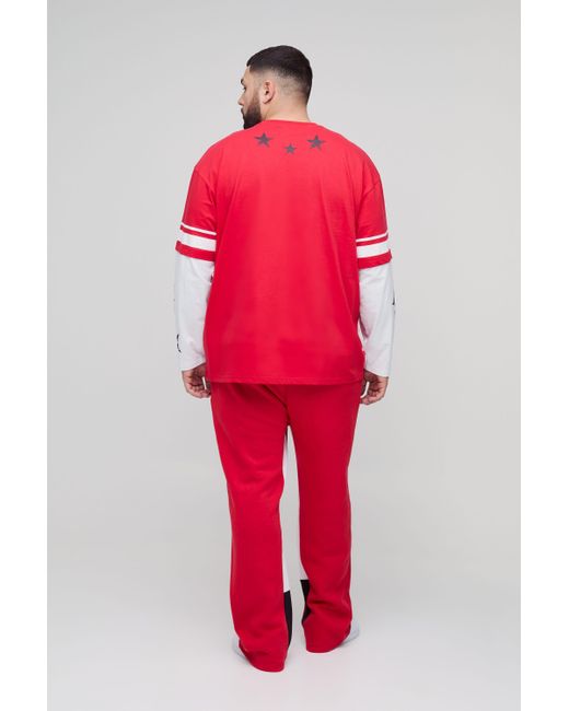 BoohooMAN Red Plus Limited Print Oversized Faux Layer T-shirt Sand Gusset Jogger Set for men