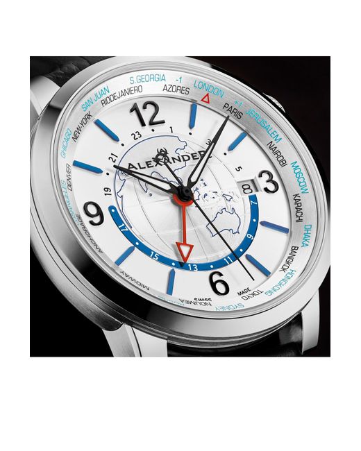 BoohooMAN Alexander Alexander A171a Journeyman 2 Luxury 42mm World Traveler Watch With Dark Blue Enamel Earth Pattern Crown for men