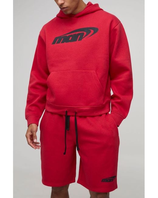 Oversized Boxy Man Hooded Short Tracksuit Boohoo de color Red