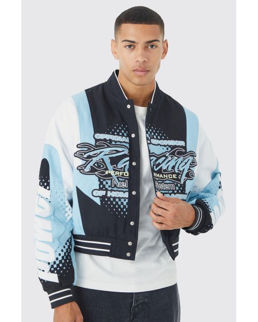 BoohooMAN Blue Boxy Twill Bomber Moto Jacket for men