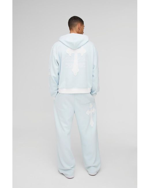 BoohooMAN Blue Wide Leg Limited Edition Cross Applique Joggers for men