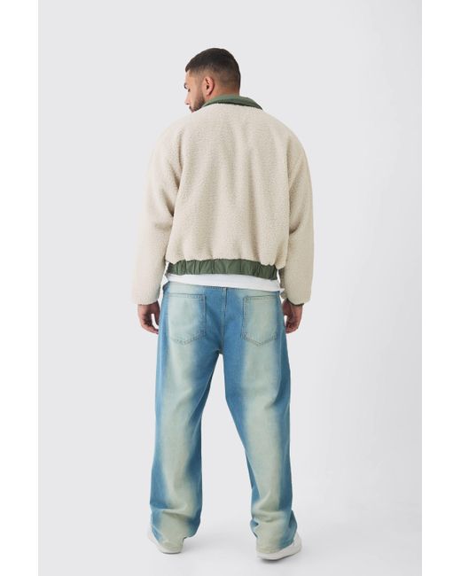 BoohooMAN Plus kastige Borg-Bomberjacke mit Nylon-Kragen in Gray für Herren