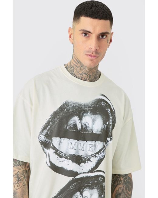BoohooMAN Gray Tall Oversized Metallic Homme Lips T-shirt In Ecru for men