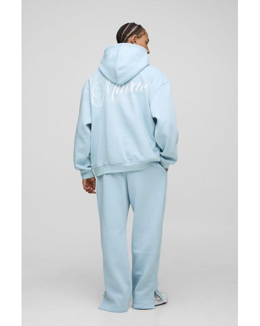 BoohooMAN Blue Oversized Script Hooded Split Hem Tracksuit for men