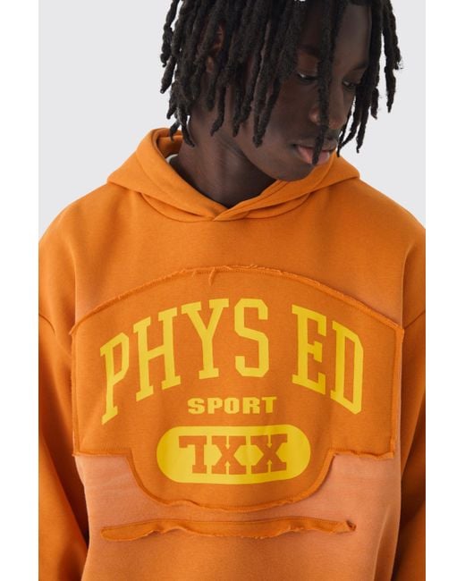 BoohooMAN Orange Oversized Boxy Distressed Graphic Brushback Hoodie for men