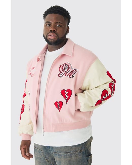 BoohooMAN Plus Boxy Heart Applique Varsity Bomber Jacket in