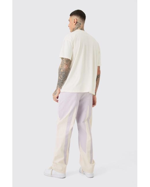 BoohooMAN White Tall Fixed Waist Washed Colour Block Twill Trouser for men