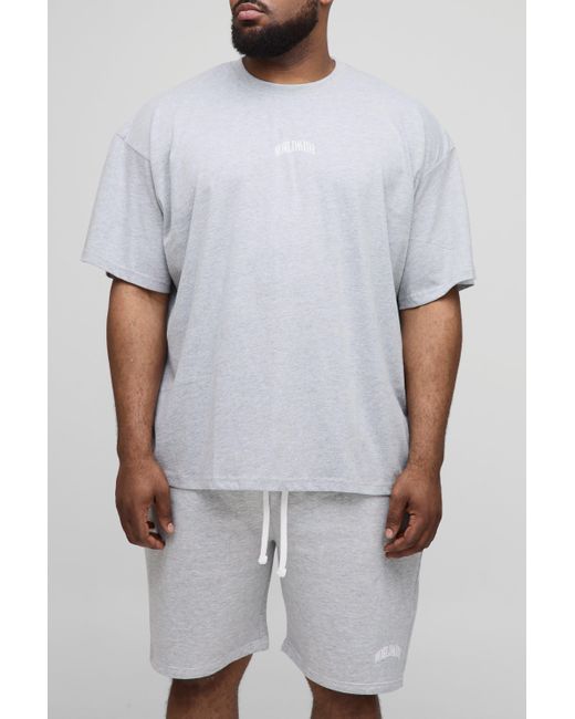 BoohooMAN White Plus Oversized Worldwide Over Seam Print T-shirt & Short Set for men