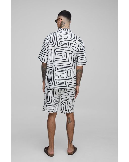 BoohooMAN Black Tall Linen Look Abstract Print Oversized Revere Shirt And Short Set for men