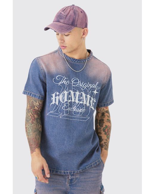 BoohooMAN Blue Embroidered Short Sleeve Denim Shirt In Pink for men