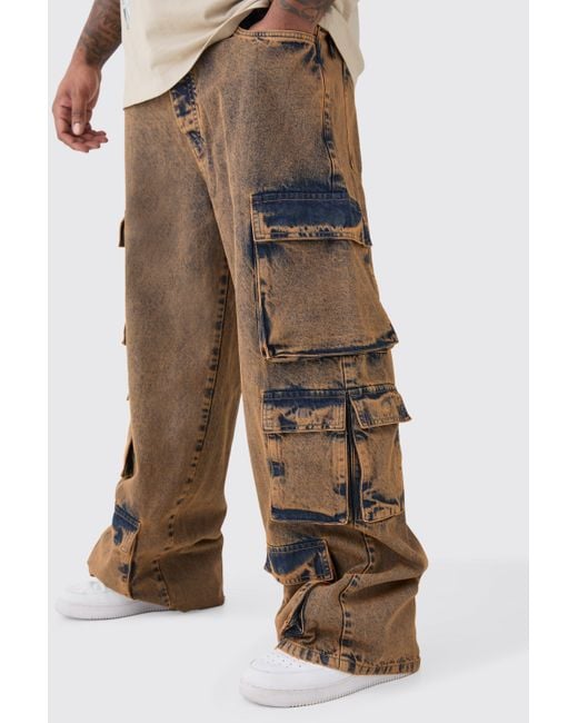 BoohooMAN Brown Plus Baggy Fit Acid Wash Cargo Jeans for men