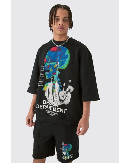 BoohooMAN Black Oversized Graphic Half Sleeve Sweatshirt And Short Set for men