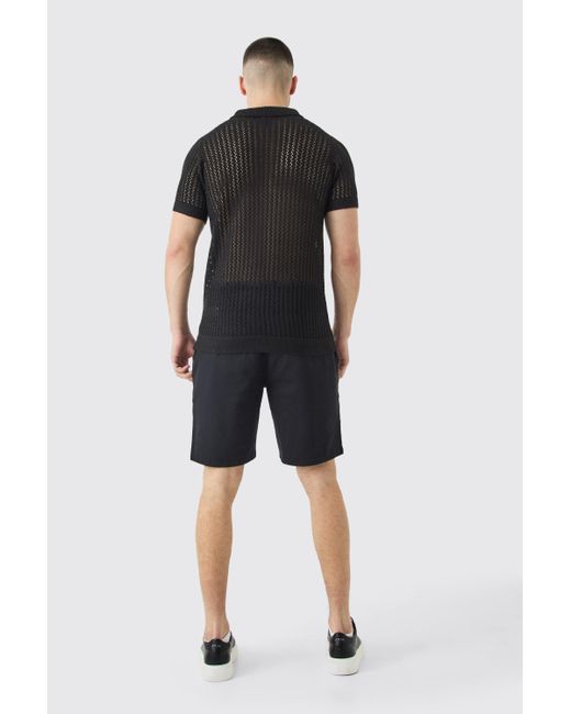 BoohooMAN Tall Open Stitch Short Sleeve Knitted Shirt In Black for men