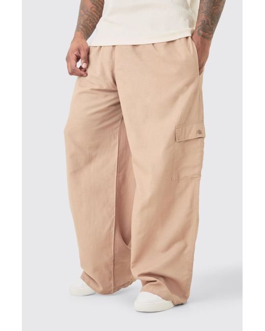 BoohooMAN Natural Plus Elasticated Waist Oversized Linen Cargo Pants In Taupe for men