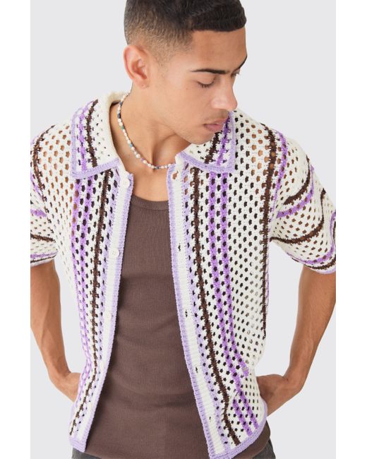 BoohooMAN White Oversized Boxy Open Knit Stripe Shirt for men