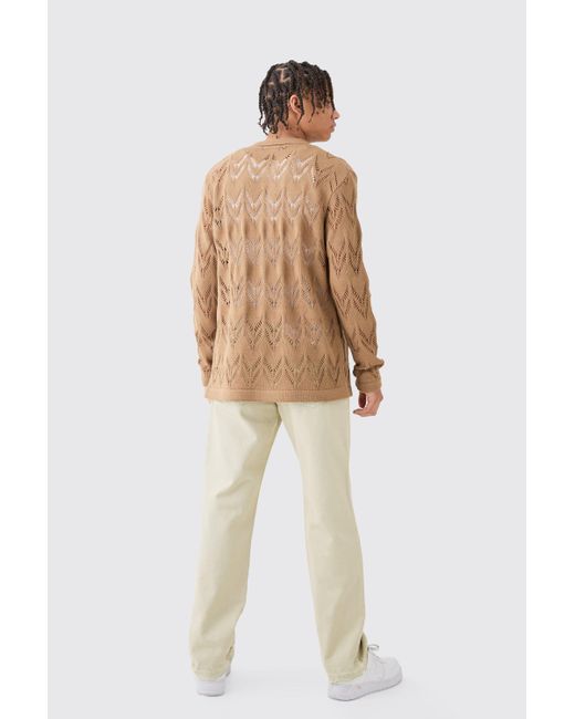 BoohooMAN Brown Long Sleeve Open Knit Shirt In Tan for men