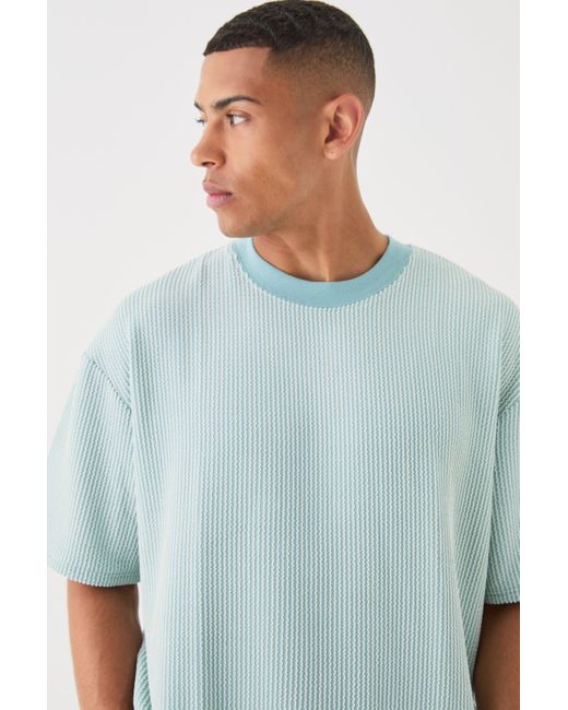 BoohooMAN Blue Oversized Boxy Extended Neck Stripe Texture T-shirt for men