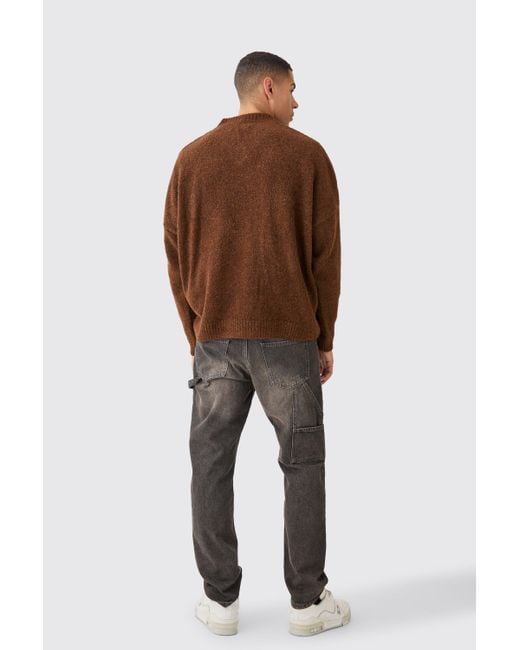 BoohooMAN Brown Boxy V Neck Boucle Textured Knit Jumper for men