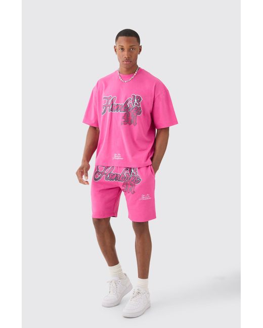 Oversized Boxy Homme Print T-Shirt And Short Set Boohoo de color Pink