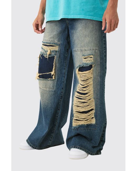BoohooMAN Baggy Rigid Extreme Ripped Denim Jean In Antique Blue for men