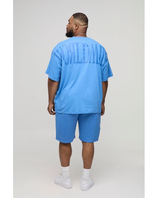 BoohooMAN Blue Plus Oversized Worldwide Over Seam Print T-Shirt & Short Set for men