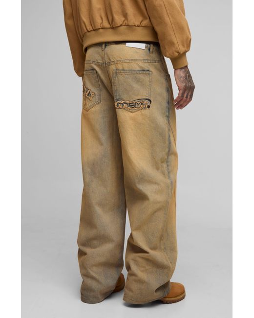 BoohooMAN Men's Natural Tall Baggy Fit Washed Star Applique Jeans