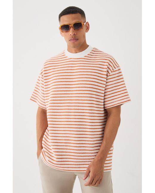 BoohooMAN Oversized Extended Neck Striped Textured T-shirt in Pink für Herren