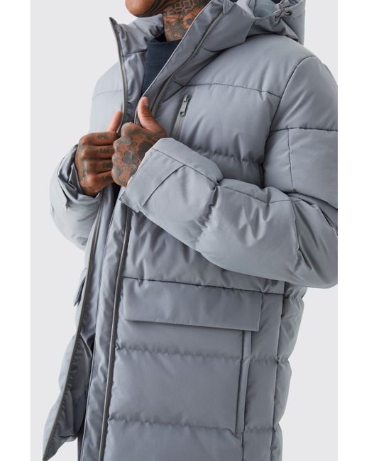BoohooMAN Gray Longline Quilted Puffer With Hood for men