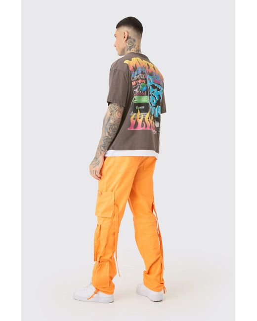 BoohooMAN Tall Fixed Waist Washed Twill Multi Cargo Trouser in Orange für Herren