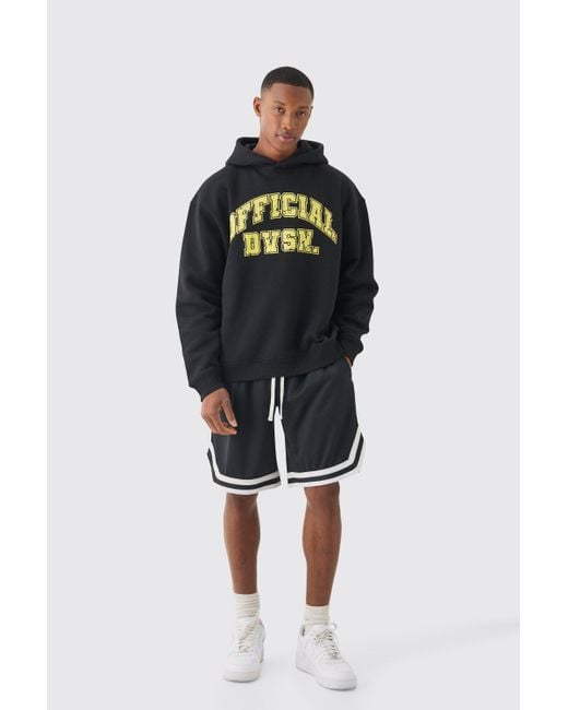 BoohooMAN Black Oversized Official Varsity Hoodie And Basketball Short Set for men