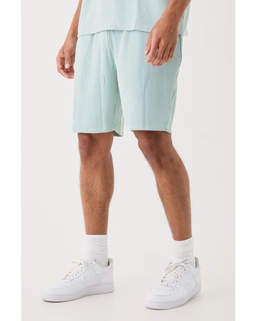 BoohooMAN Relaxed Fit Mid Length Stripe Texture Shorts in Blue für Herren